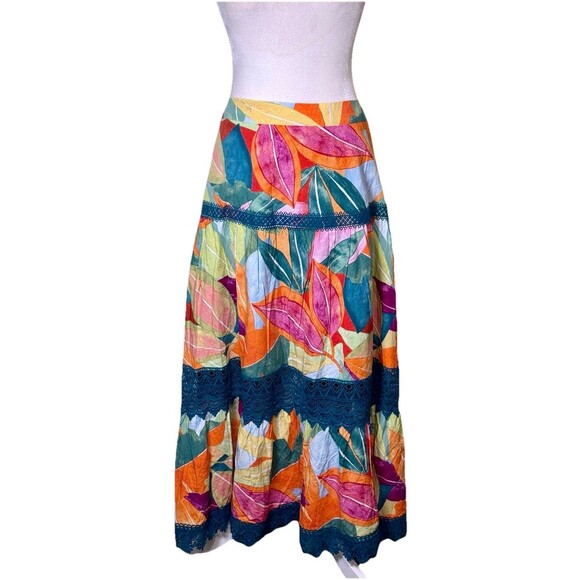 Time and Tru Dresses & Skirts - Women's Boho Maxi Skirt Tiered Lace Trim Colorful Botanical‎ Artsy Whimsical XL